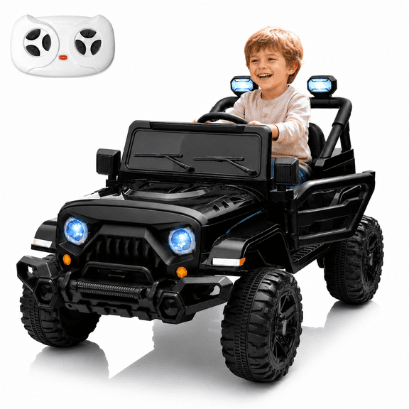 24V 2 Seater Ride On Truck with Remote Control, 4WD Kids Electric Car with EVA Wheels, LED Lights, Music and Suspension, Black
