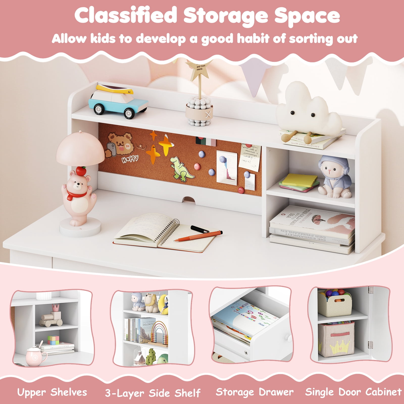 Gymax Kids Desk & Chair Set w/Chair Hutch 3-Layer Side Shelf