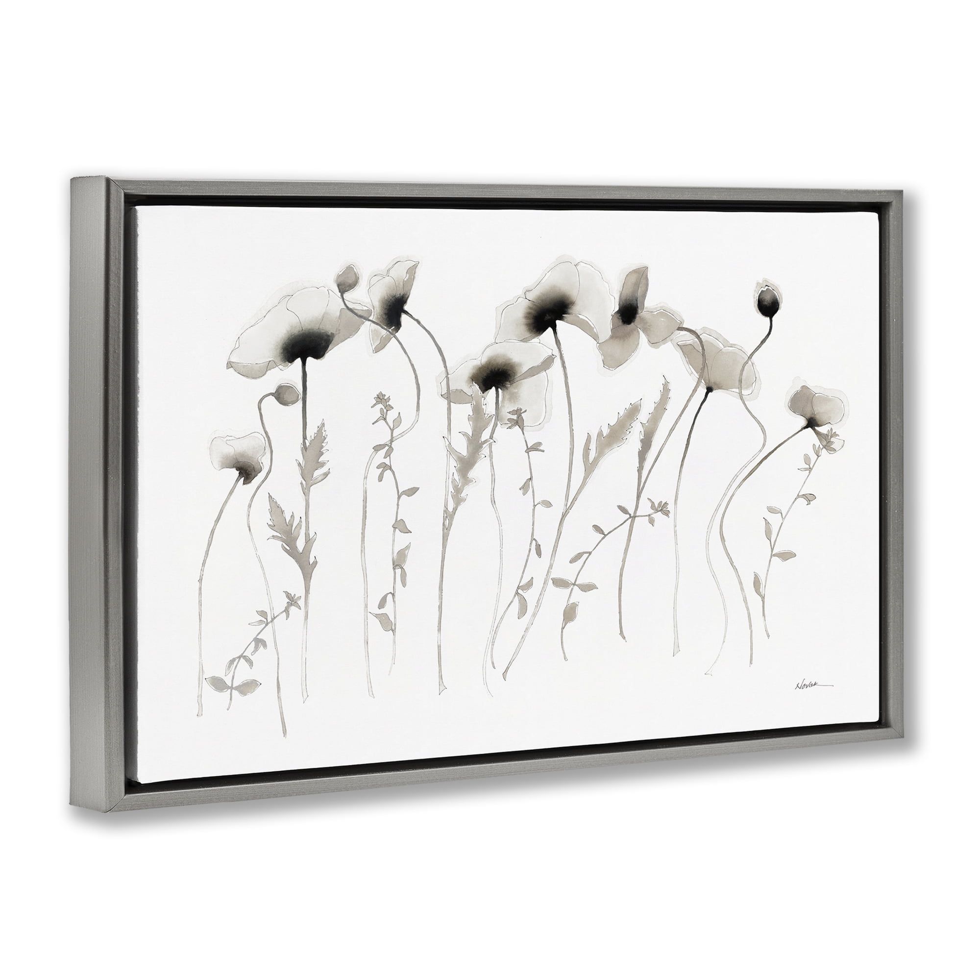 Stupell Industries White Poppy Sprigs Botanical & Floral Painting Gray Floater Framed Art Print Wall Art, 25 x 17