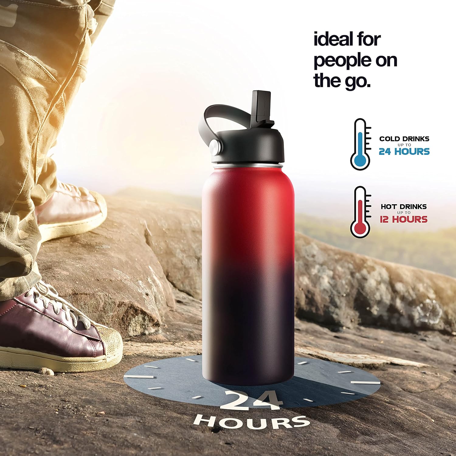 Brewberry Stainless Steel Sports Bottle and Travel Mug for Hot and Cold Beverages, Wide Mouth, Double Wall Insulated Hydration Sports Water Bottle for Hiking, Biking, and Activities, 40 OZ BPA Free