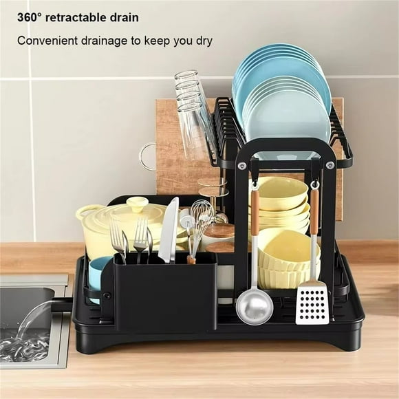 Kitchen Dish Drying Rack, Dish Racks for Kitchen Counter, Large Dish Drainers Rack, Two Tier Black Metal Dish Drying Rack