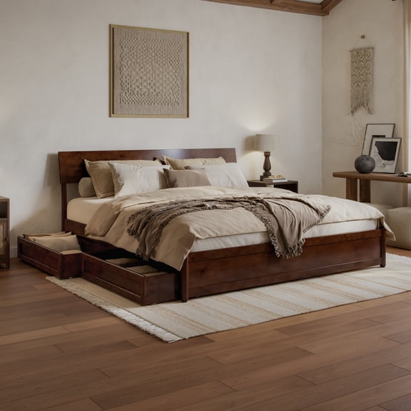Norla King Wood Platform Bed with Footboard and Drawers in Walnut