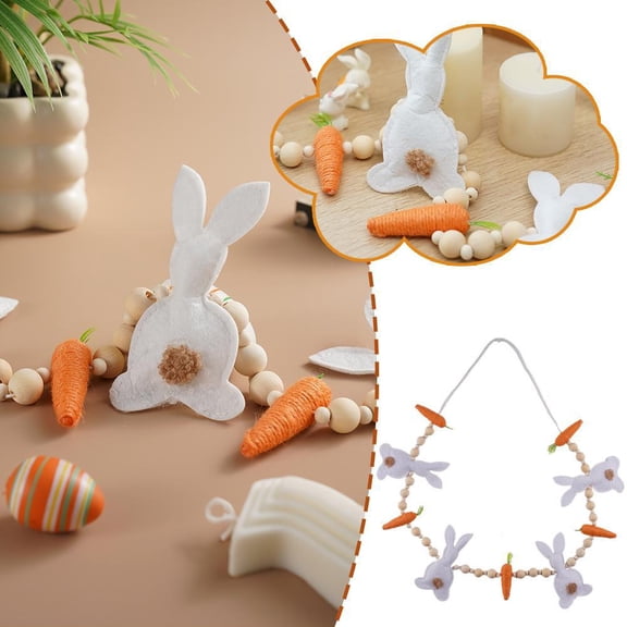 Easter Wooden Beaded Garland 39in with Bunny and Carrot Pendant, Farmhouse Easter Banner Decor for Wall, Door or Mantel Hanging