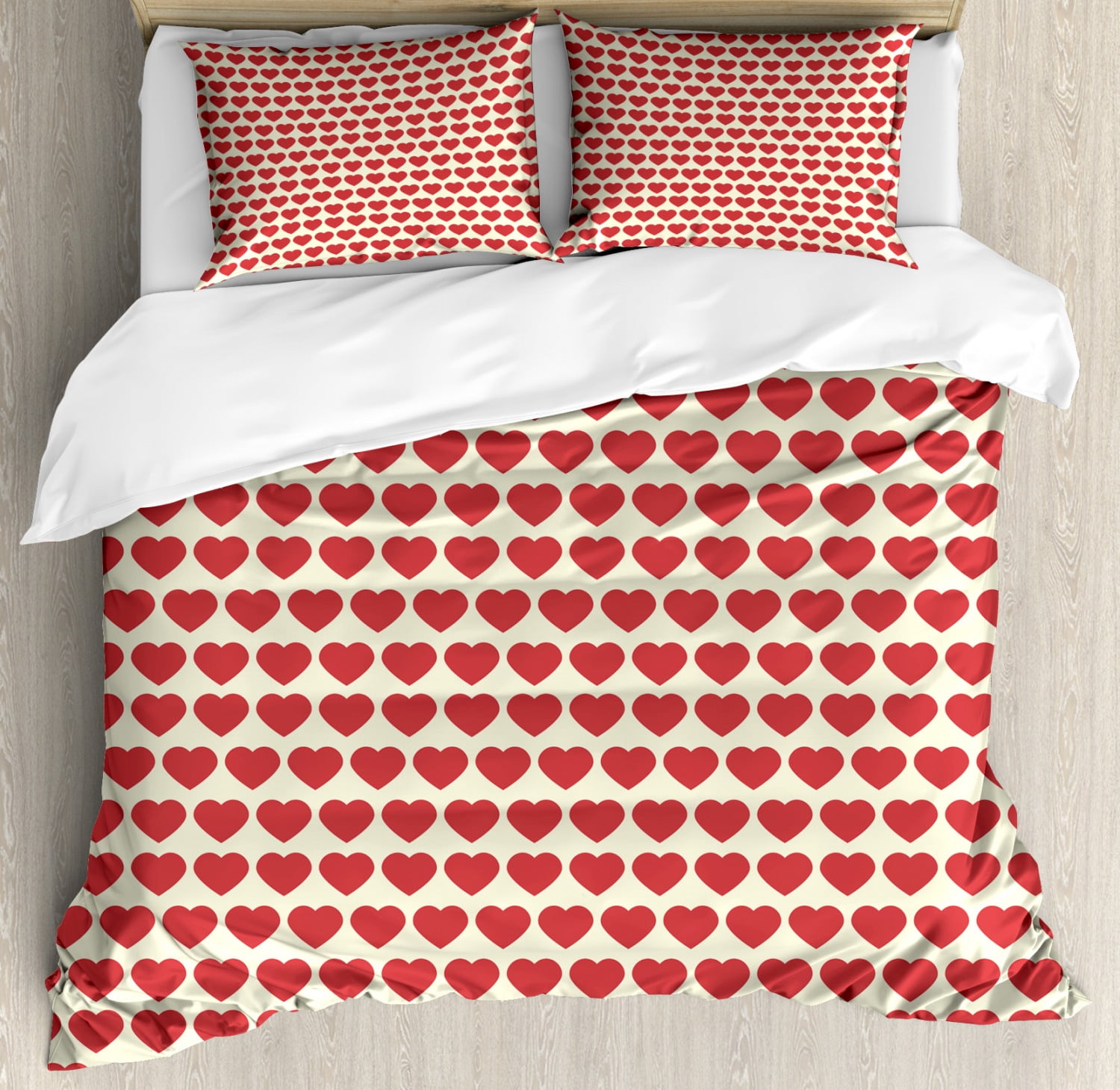 Valentine Duvet Cover Set, Vibrant Red Colored Heart Shapes Tile