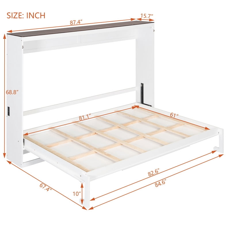 Queen Size Wood Murphy Bed with Hidden Folding Platfom Bed, Wall Cabinet Bed Frame with Shelf Top & Side Charging Station