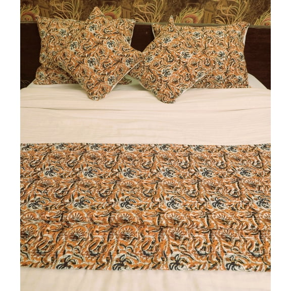 Mustard Floral Block Print Indian Kantha Quilt, Handmade Cotton Bedspread, 100% Hand Stitched Blanket, Boho Bedding
