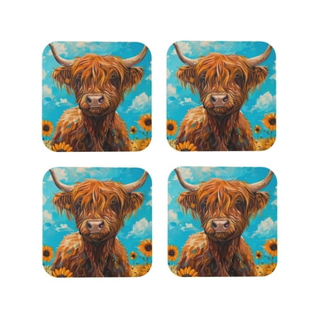 

KLL Drink Coasters Set Square of 4 PU Leather Absorbent Coasters Set Decorative Coffee Cup Coasters Housewarming Gift for Home Decor-Cute Cow Sunflowers Art