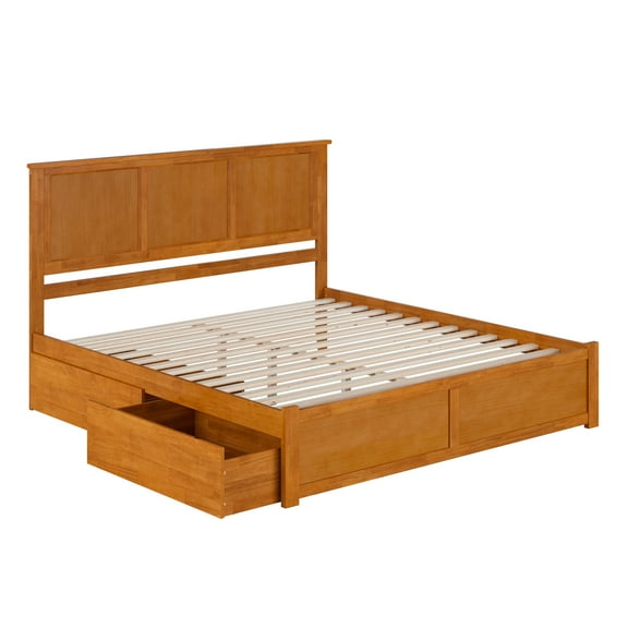 HomeStock Victorian Vibes King Solid Wood Platform Bed with Footboard & Storage Drawers in Light Toffee