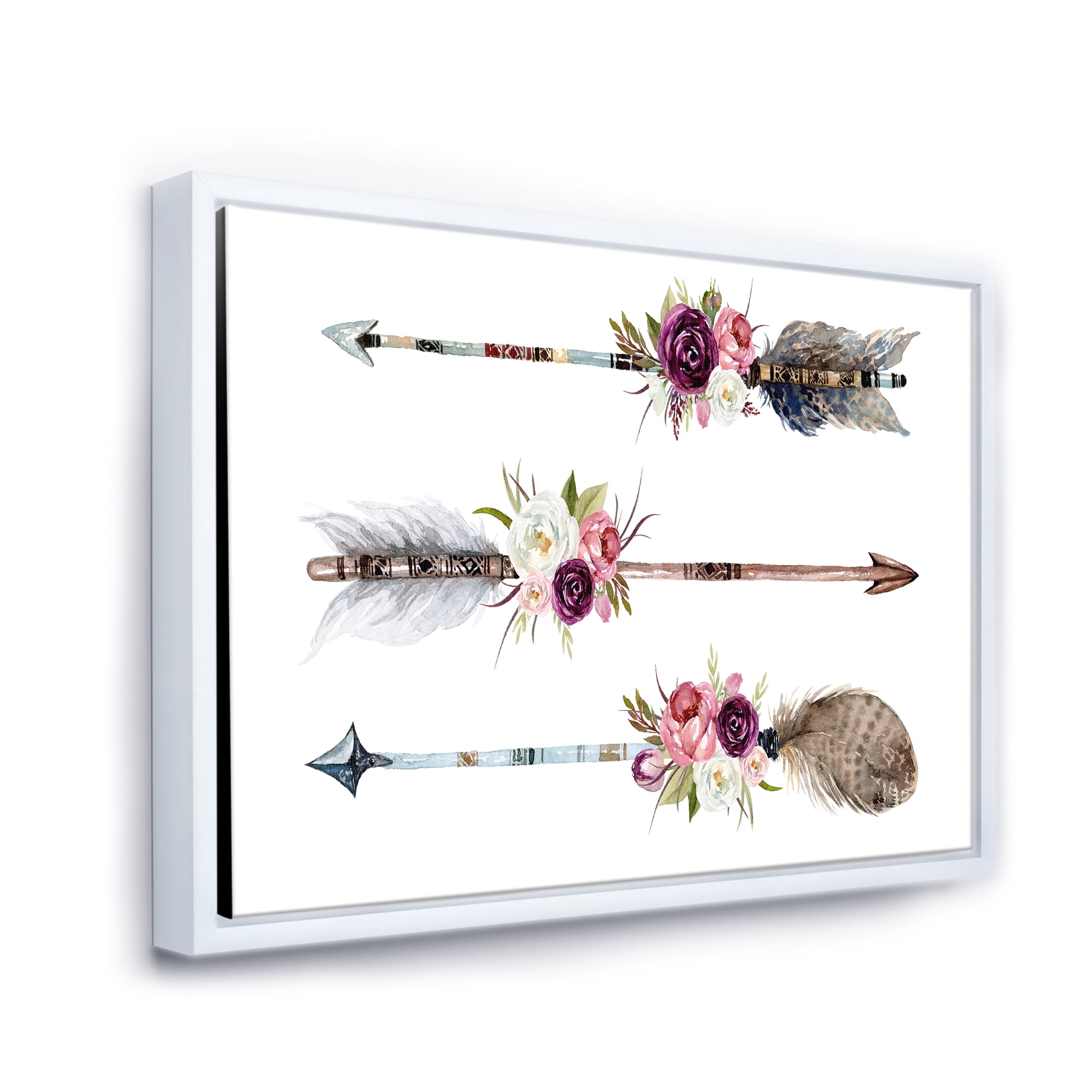 Designart 'Flowers and Ethnic Feathers On Native Arrows III' Bohemian & Eclectic Framed Canvas Wall Art Print