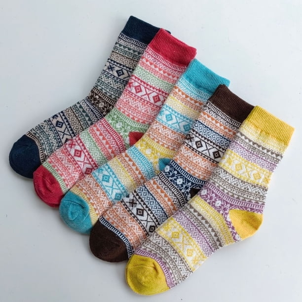 Xiao Hua Paquete de 5 calcetines de lana para mujer, vintage, suaves, cálidos, gruesos y fríos, multicolor y rojo
