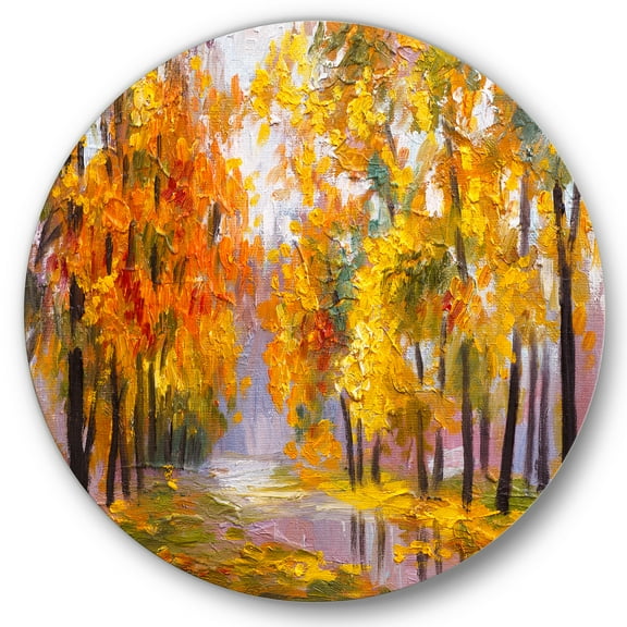 Designart 'Forest Full Of Fallen Leaves In Autumn Along River' Lake House Circle Metal Wall Art 36x36 - Disc of 36