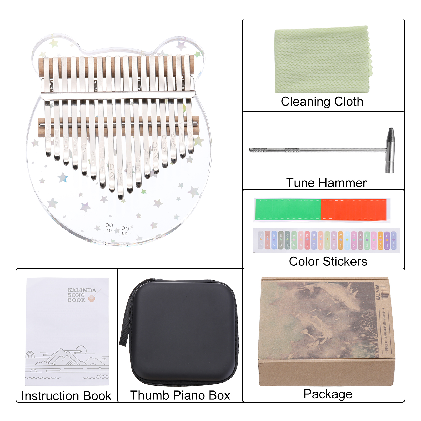 17 Keys Thumb Piano,Transparent Star Bear Portable Finger Piano with Carry Box Musical Note Stickers Tuning Hammer