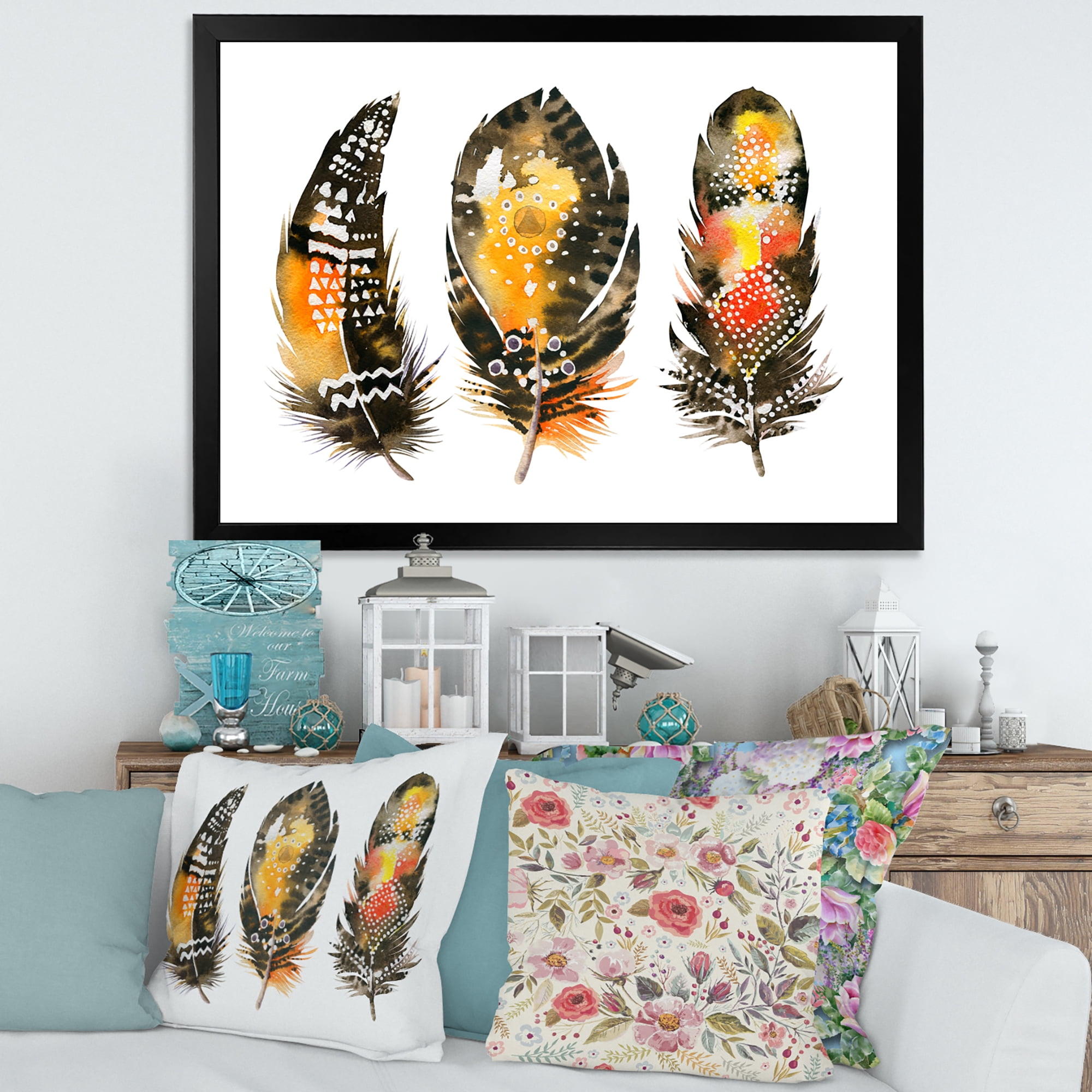 Designart 'Ethnic Boho Art Orange Feathers' Bohemian & Eclectic Framed Art Print