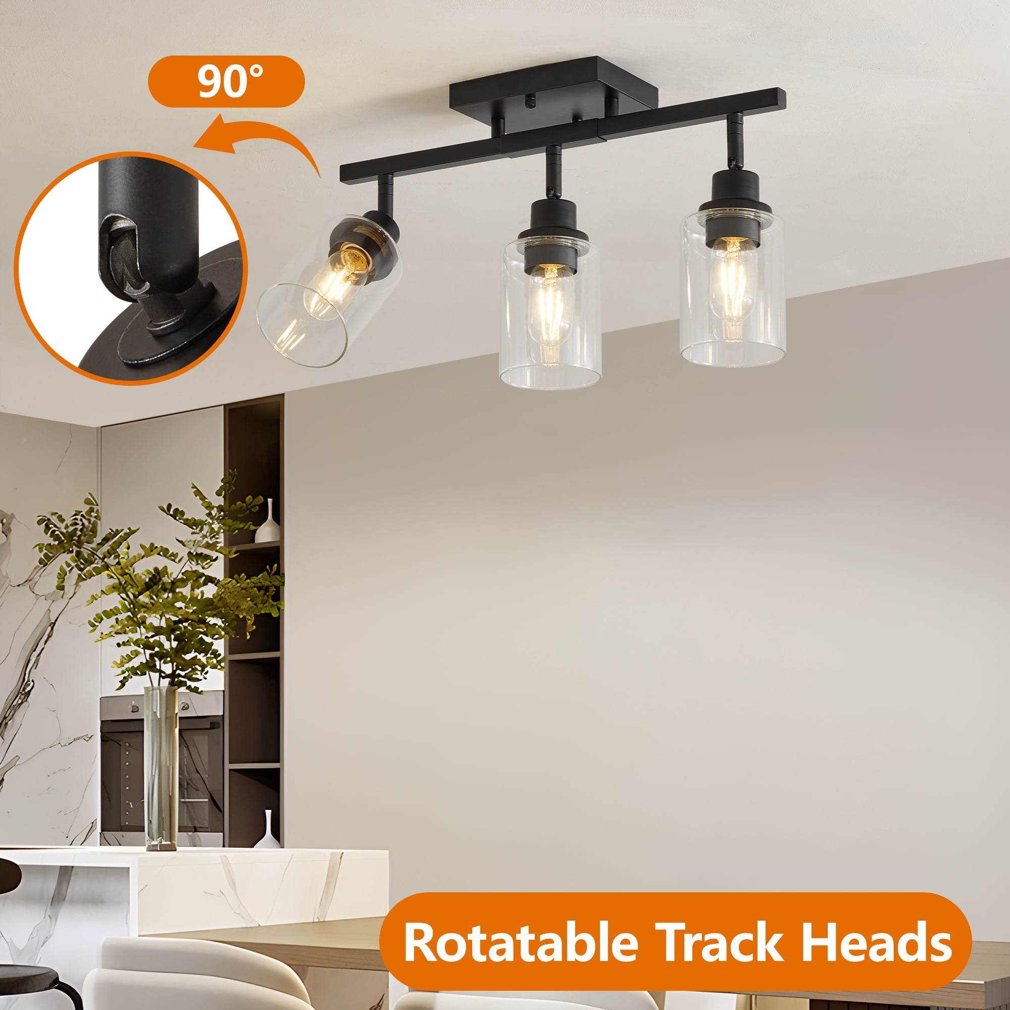 Leumius 3-Light Semi Flush Mount Ceiling Light, Adjustable Kitchen Light Fixtures Ceiling Mount with Clear Glass Shades, Rotatable Black Track Lighting Fixtures for Hallway, Foyer, Bedroom(No Bulbs)