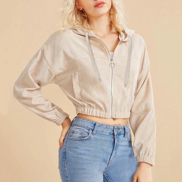 Men's Hoodies & Sweatshirts Aqestyerly Women Casual Solid Corduroy Zip-Up Pocket Shirt Hooded Sweatshirt Cropped Jacket