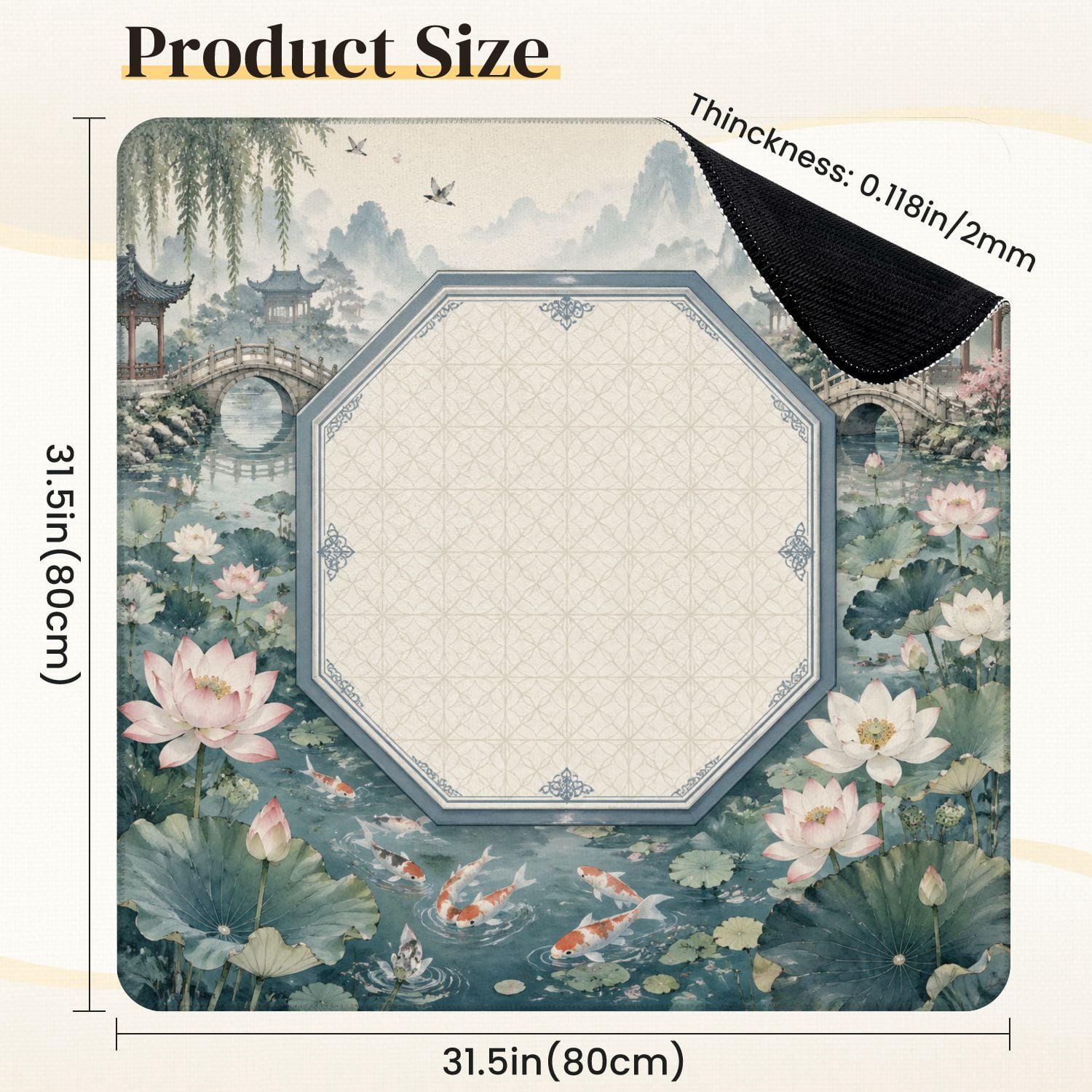 Mahjong Mat 31.5" x 31.5" Serene Pond Lotus Flowers Traditional Chinese Garden Landscape Non-Slip Noise Reduction Mahjong Tiles Table Cover for Dominoes Poker Card Board and Tile Games