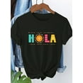thumbnail image 1 of Girl'S Casual Spanish Festival Letter Print T-Shirt - "Hola"; Colorful Applique Design, Short Sleeve, Round Neck, Lightweight; Breathable for Spring/Summer/Fall, 1 of 6