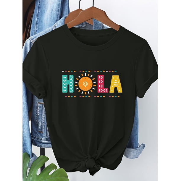 Girl'S Casual Spanish Festival Letter Print T-Shirt - "Hola"; Colorful Applique Design, Short Sleeve, Round Neck, Lightweight; Breathable for Spring/Summer/Fall