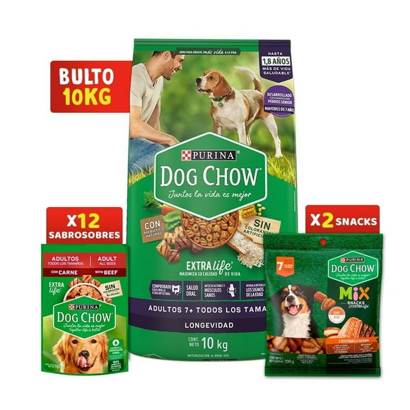 Croqueta para perro Purina Dog Chow Kit Purina Dog Chow Adulto Longevidad 10kg con 12 sobres de 100g  y 2 snacks de 100g