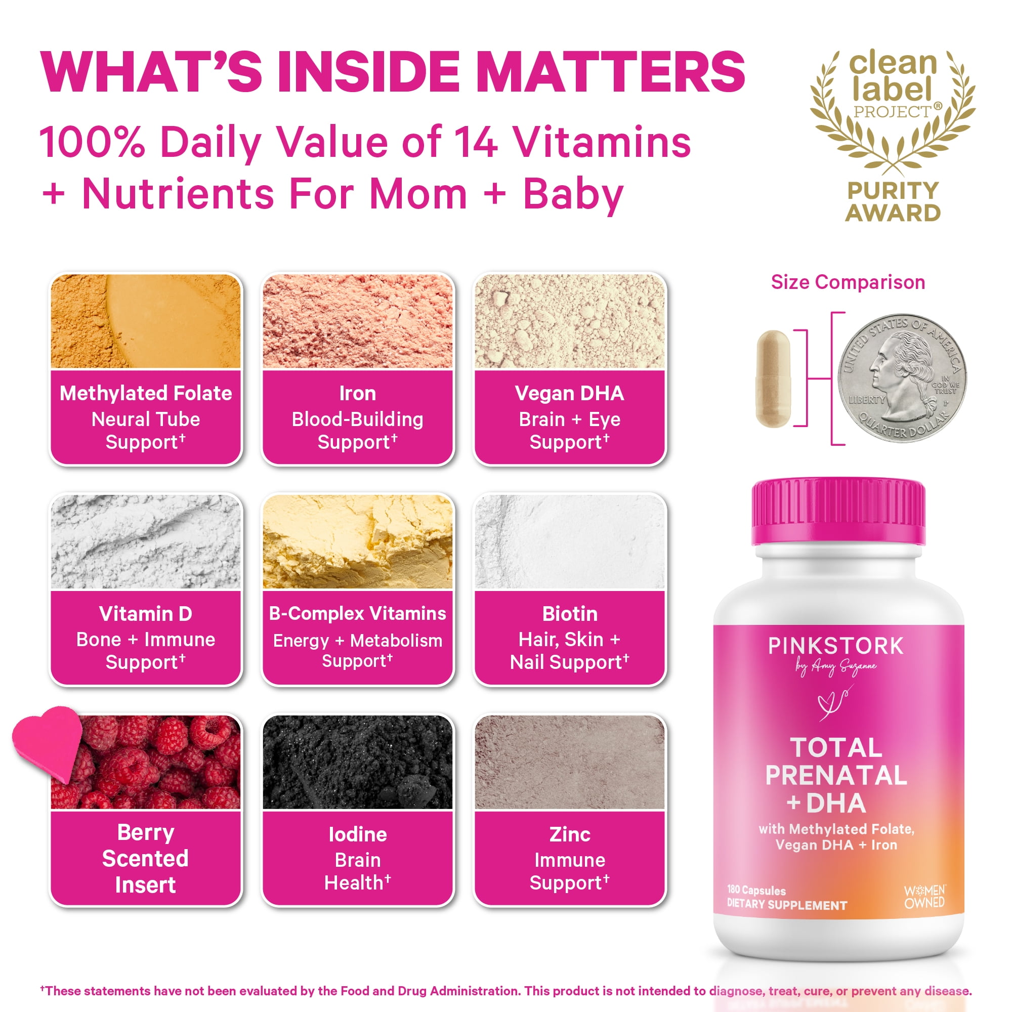 Pink Stork Essential Prenatal Vitamins, B12 with Folate, Soy Free, Methylated Nutrients, 180 Capsules