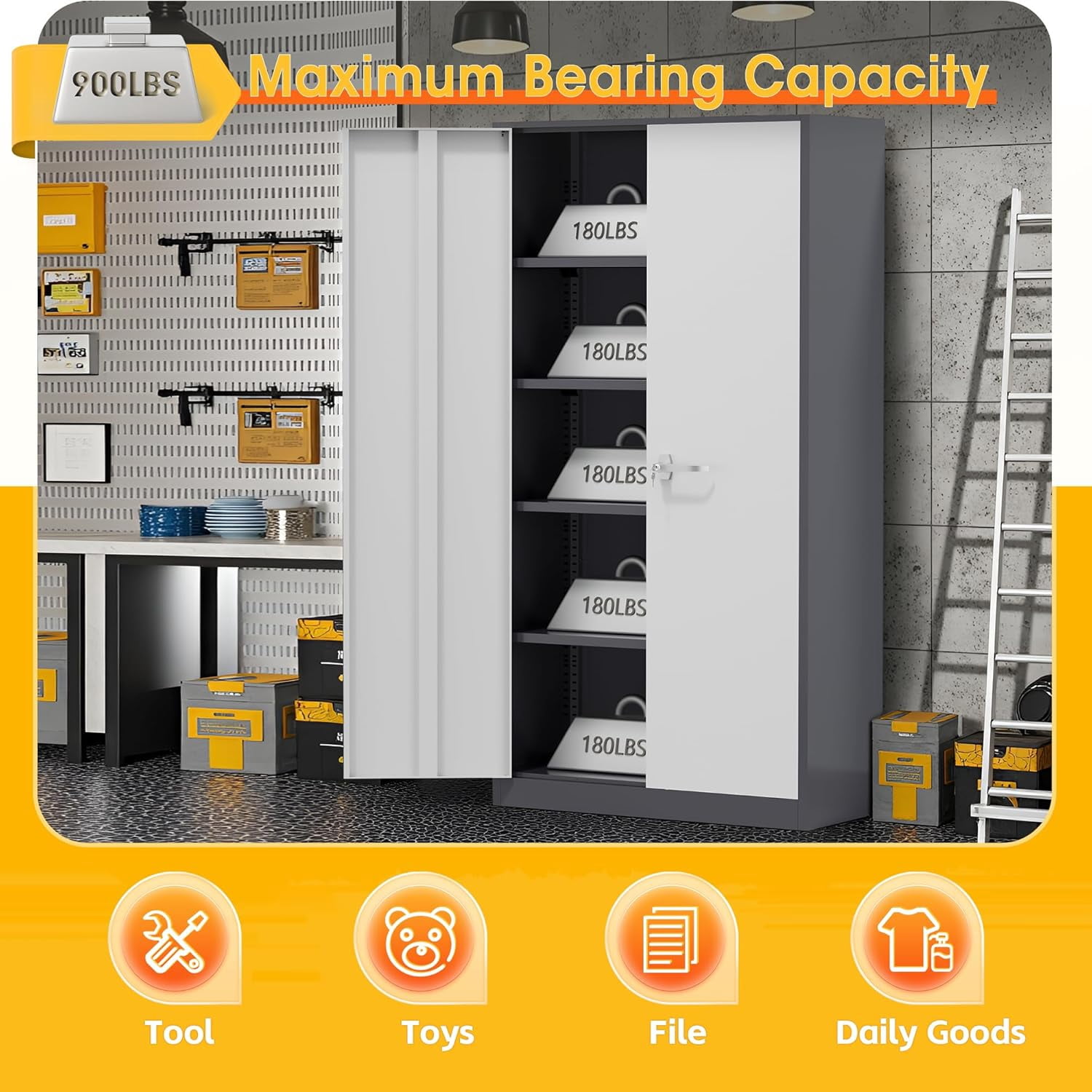 SOLAURA 72"H Metal Garage Storage Cabinet with Locking Doors and Adjustable Shelves for Home, Office(Gray White)