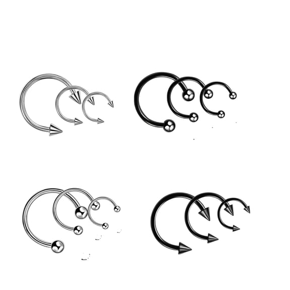 16G Horseshoe Nose and Septum Rings, 12-Piece Stainless Steel Circular Barbells, Ball and Spike Ends, Sizes 6mm 8mm 10mm, Black and Silver