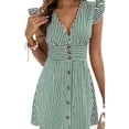 thumbnail image 3 of Women'S Striped Summer Dresses V Neck Casual Mini Dress Flutter Sleeve Ruffle Button Sundresses Green L, 3 of 7