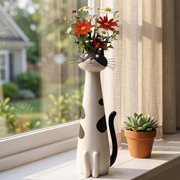 Liujiale Handcrafted Ceramic Cat Vase, Whimsical Kitty Planter for Small Flowers, Boho Desk Shelf Decor, Unique Gift for Cat Lovers