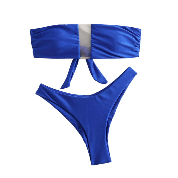 PMUYBHF Female Cotton Bikini Underwear for Women Pack Women's 2 Piece  Swimsuit Strapless High Waisted Thong Bikini set Bathing Suit Blue L 