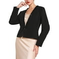 thumbnail image 4 of BLAZER FORMAL DE MUJER CON DETALLES DE TWEED Y MANGAS LARGAS, ESCOTE EN V, CON VOLANTES, CORTO, NEGRO, 4 of 5