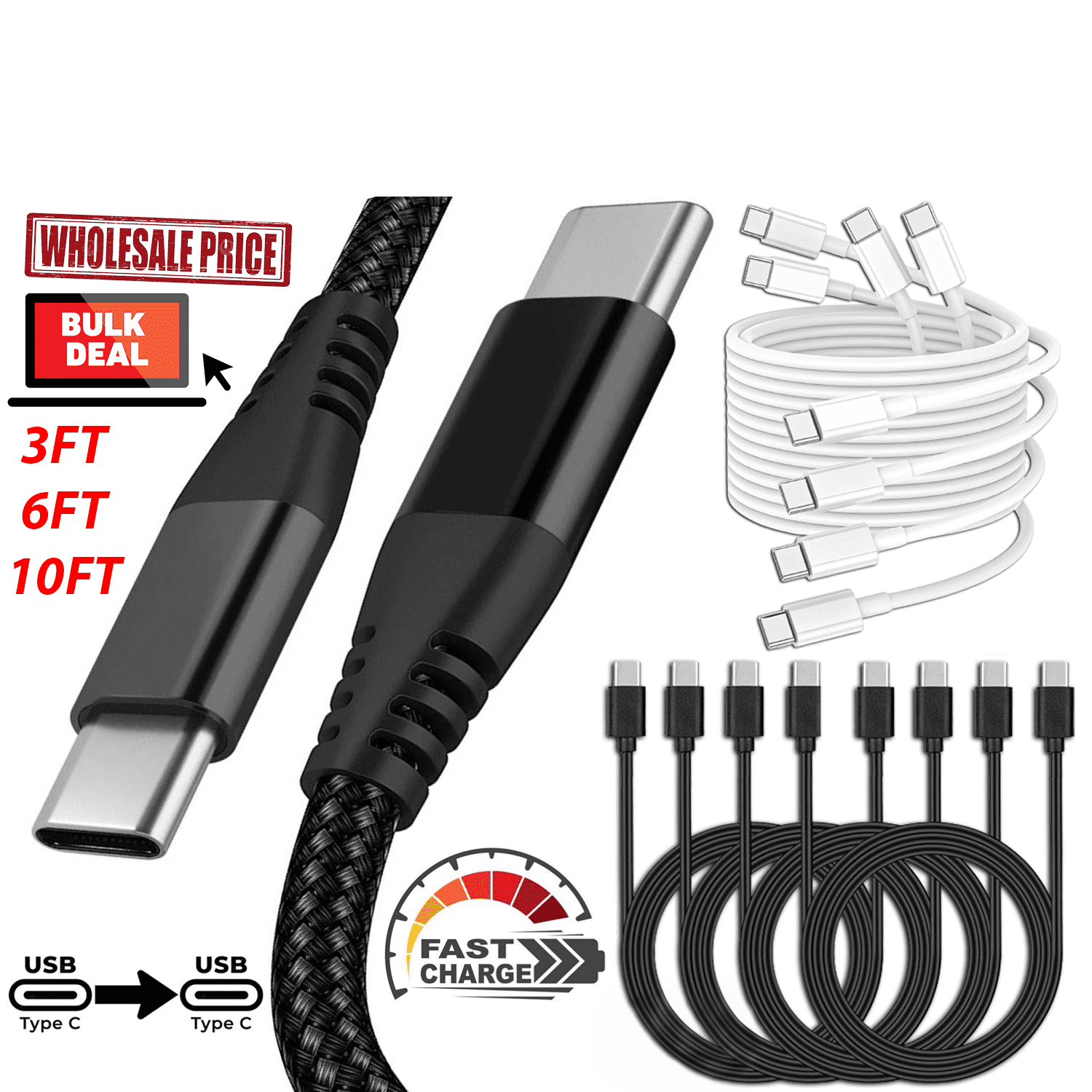 Braided USB C to USB C Cable, [3/6/10 FT] Fast Charging & Data Sync Cord, 60W Nylon USB-C Cable for MacBook Pro, iPad Pro, Samsung Galaxy, Switch, Steam Deck (1/3/10 Pack)