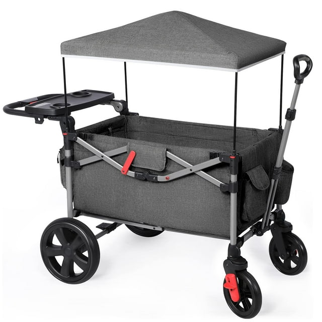 EVER ADVANCED Foldable Wagons for Two Kids & Cargo, Collapsible Folding Wagon Stroller with Adjustable Handle Bar,Removable Canopy with 5-Point Harness,Black