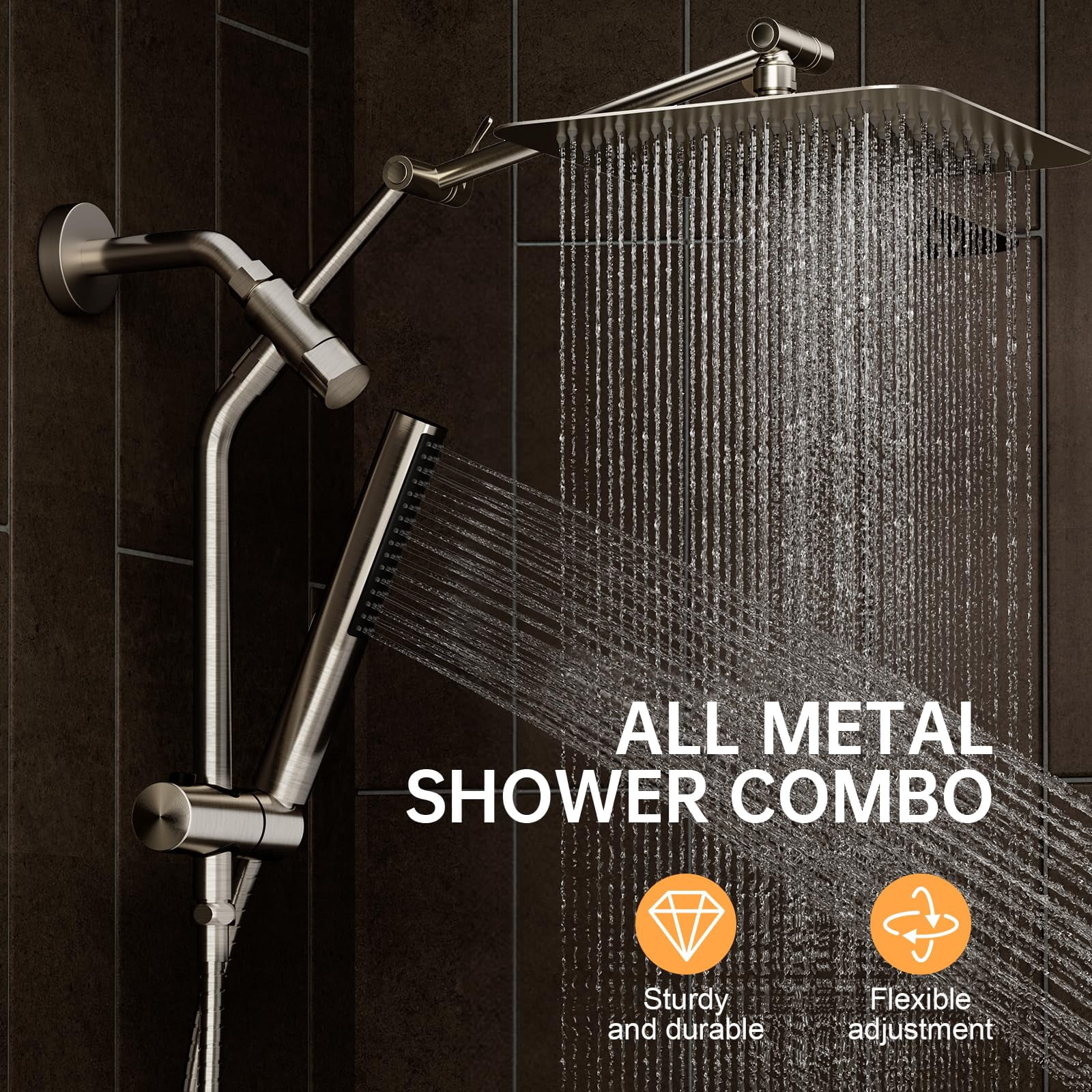 10" Luxurious Brushed Nickel All Metal Rain Shower Head With Handheld Spray Combo  High Rainfall Square Heads Extension Arm Wide Dual Showerhead Bathroom Accessories