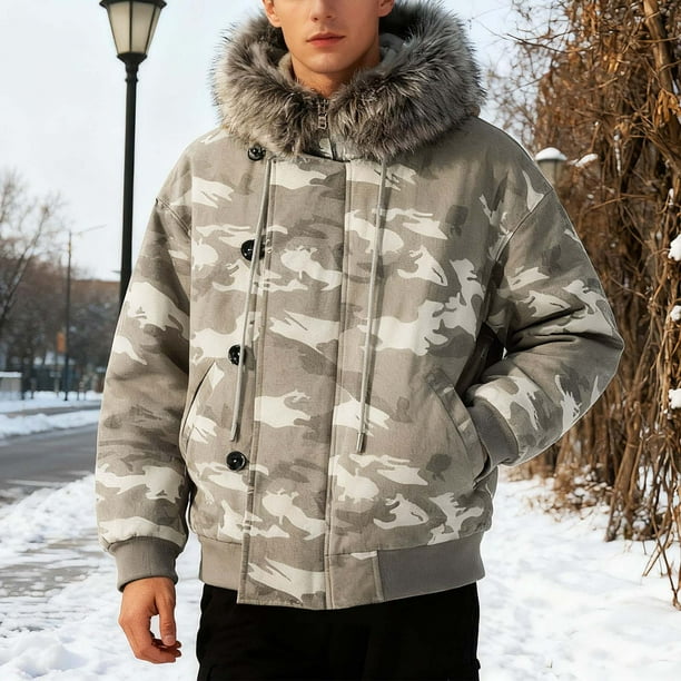 MHFRRA Chaqueta con Capucha y Cuello de Camuflaje para Uso Urbano, Abrigo Grueso Gris