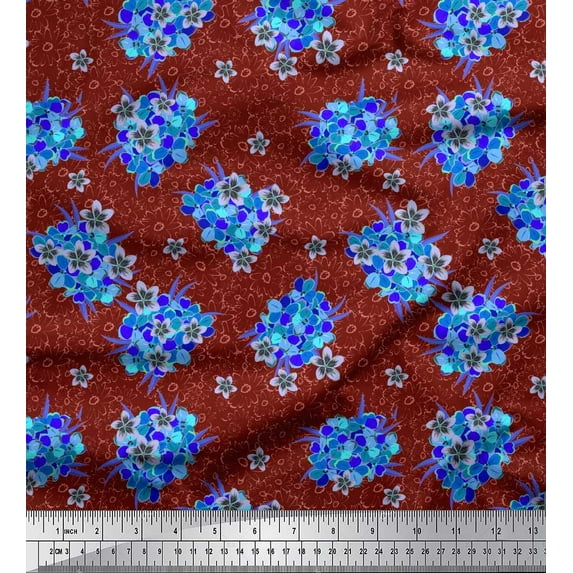 Soimoi Red Modal Satin Fabric Aster & Lavender Blue Flower Floral Print Sewing Fabric Yard 42 Inch Wide