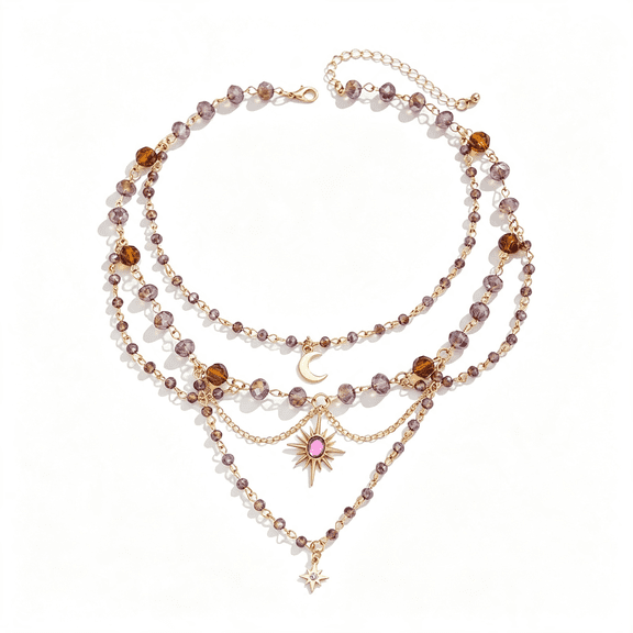 DESIGNICE Layered Crystal Sun Necklace Boho Crystal Beaded Fairy Moon Sun Pendant Necklaces Fashion Party Jewelry Accessories for Women Crystal Layered Necklaces