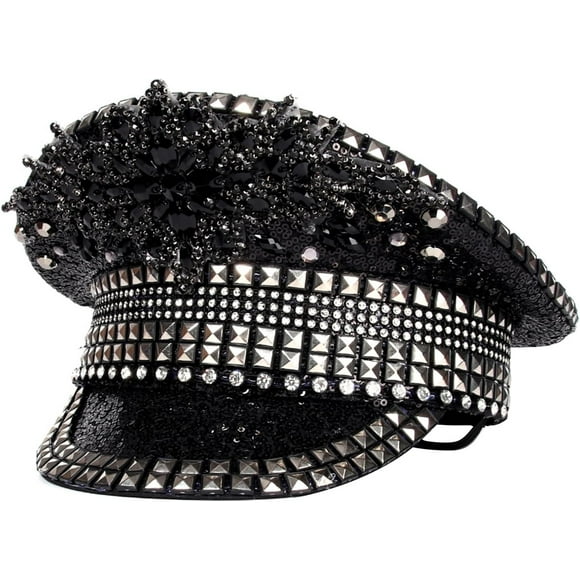 Bejeweled Captain Hat Crystal Sequins Sailor Hat Beret for Bachelorette Party, 32* 27* 18cm, Black