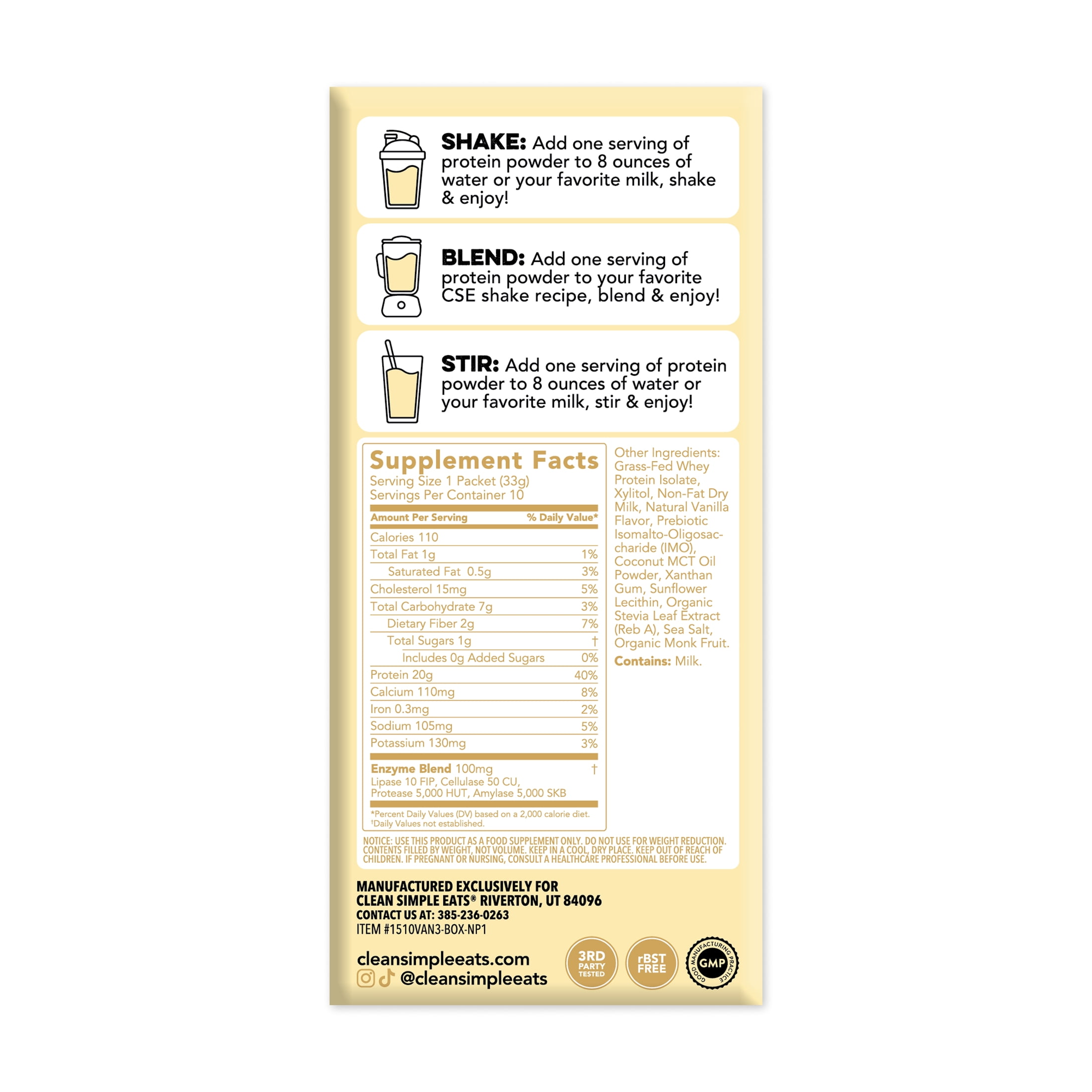 Clean Simple Eats Whey Protein Powder, Simply Vanilla, Gluten Free, Zero Added Sugars, No Artificial Ingredients, 20g Protein, 10 Count