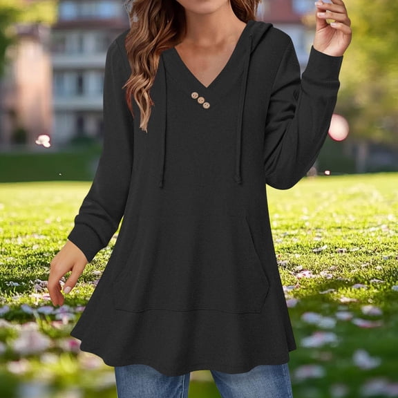 Women's Fashion Casual Loose Solid Color V-Neck Long Sleeves Button Hoodies Fall Winter Daily Basic Shirts for Women Comfy Front Pocket Hem Curved Tops