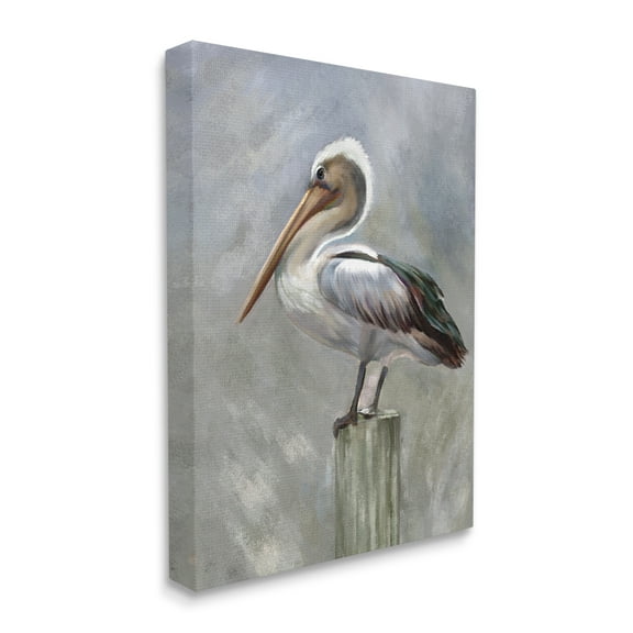 Stupell Industries Pelican Resting on Wooden Pillar Soft Grey,16 x 20,Designed by Heather Hayes