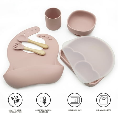 Rainbow & Butterflies |7 Piece| Silicone Baby Feeding Set – |Bib Suction Bowl Training Cup Sectional Suction Plate & Lid Spoon & Fork| – Food Grade Silicone BPA Free