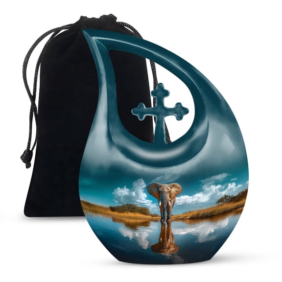 MUKTIVE Elephant Funeral Urns for Human Ashes Adult Female - Blue Cremation Urns for Adult Male - Large White Memorial Urn - Cremation Urn for Huma Ashes Man & Women - 10 Inch(Cross Drop)