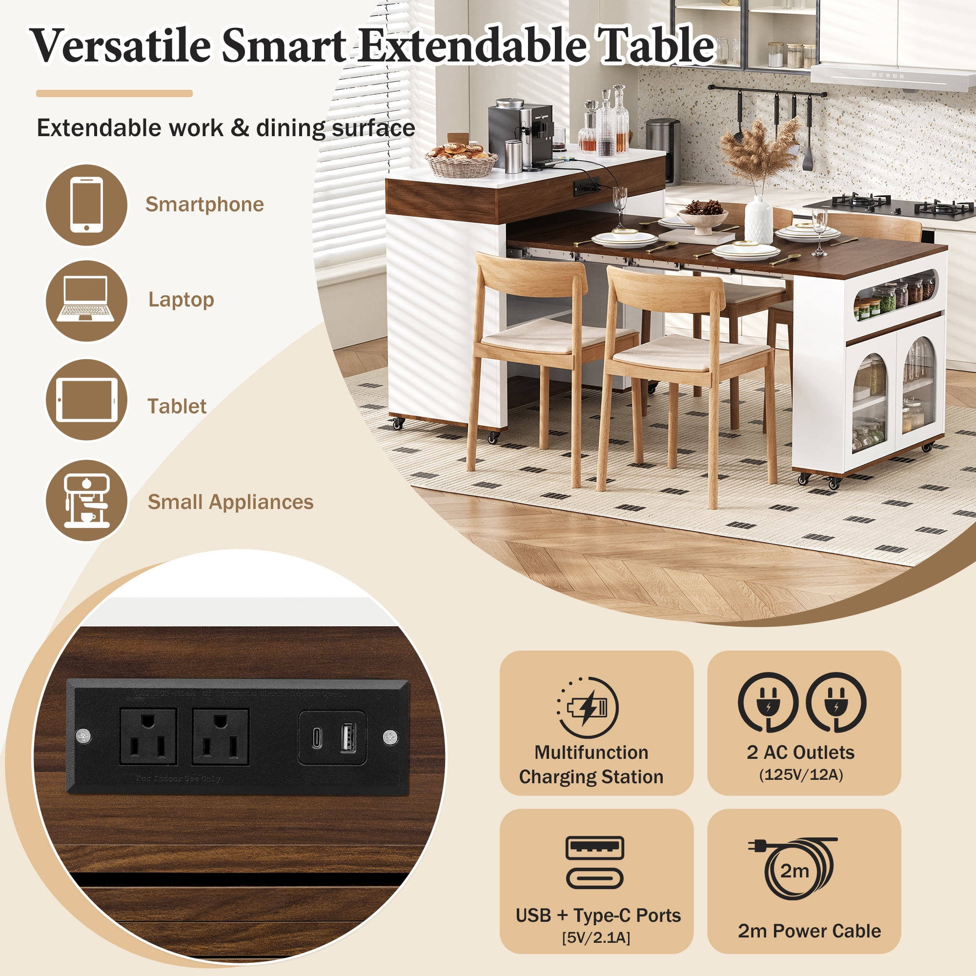 MODERNLUXE Extendable Dining Table with Extra-Long Folding Tabletop, Rolling Kitchen Island with Drawers,Power Outlet and Brake lock, Sideboard Storage Cabinet for Kitchen, Dining Room,Walnut