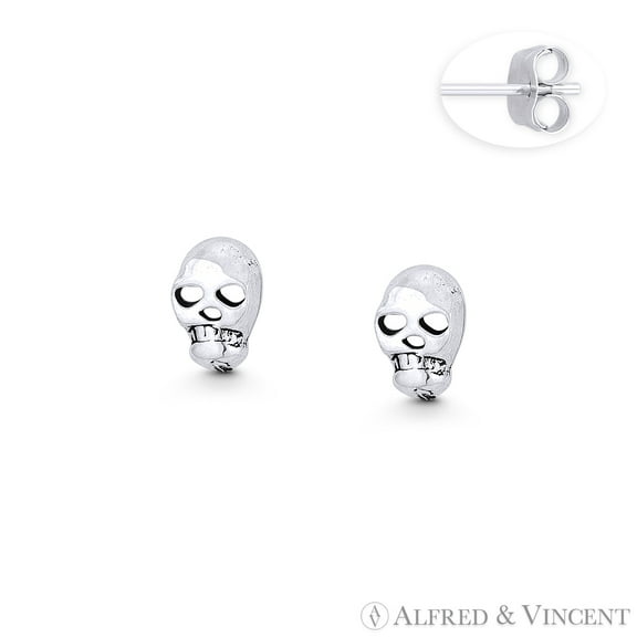 Skull Gothic Charm 7x5mm Stud Earrings in Oxidized .925 Sterling Silver