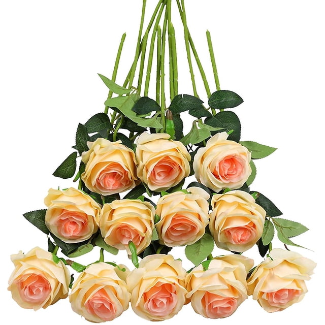 Conjunto de 12 rosas artificiales, flores de seda falsas decorativas con un solo tallo, flor realista, champán Sincero Electrónica