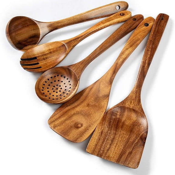 Mictong brown wooden kitchenware set, entry-level set for apartment and home kitchens, essential kitchen set for families, suitable for daily cooking and kitchen preparation, 5-piece set