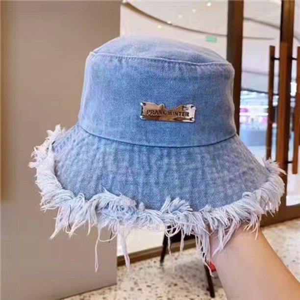 Sombrero de pescador vaquero para mujer, prenda fina, lavada y desgastada, con bordes rugosos y malla roja, para primavera y verano Outdo