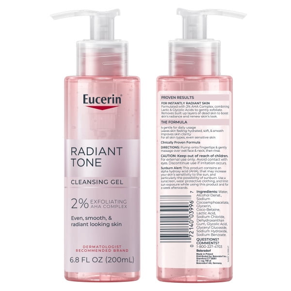 Eucerin Radiant Tone Cleansing Gel, Face Cleanser with AHA Complex, 6.8 Fl Oz Bottle