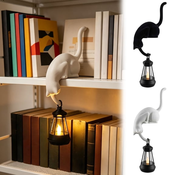 Cat Bookshelf Lantern, Edge-Sitting Cat Shelf Hook With Vintage Hanging LED Lantern, Whimsical Cat Statue Night Light, Decorative Shelf Ornament For Bookshelf Mantel Home Decor