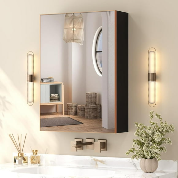 Umeiga Fully Assembled Bathroom Medicine Cabinet with Mirror, 16x22 Inch Bathroom Mirror with Storage, Recessed or Surface Wall Mounted Aluminum Medicine Cabinets Mirror, Gold